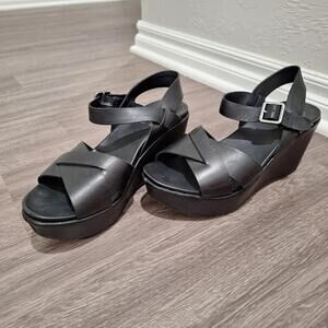 Kork-Ease Ava Classic Platform Wedge Sandals Black Leather Women's 10 M Dark